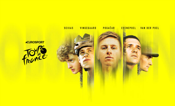 Faces of five cyclists with the text "Eurosport Tour de France" on a yellow background.