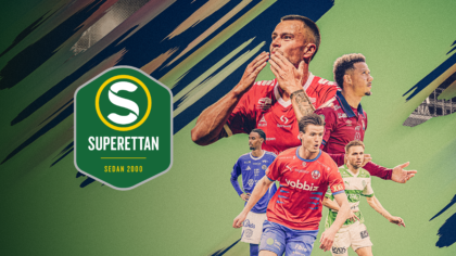 Collage with male football players, Superettan logo and the text "Since 2000" on a green background.