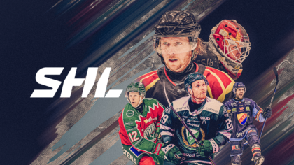 SHL logo with several ice hockey players in equipment and different team jerseys.