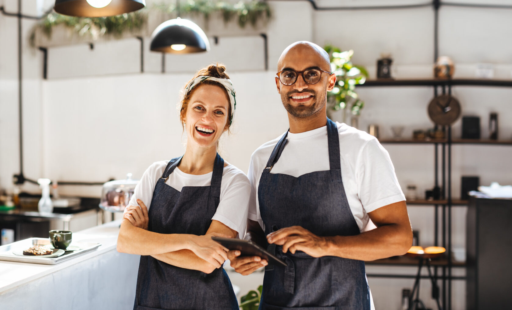 Two happy café workers in aprons stand together at a counter with a bright and modernly decorated café in the background.
