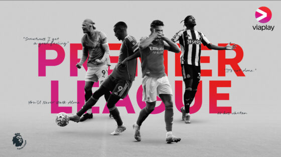Four Premier League football players, Viaplay logo and Premier League text in the background.
