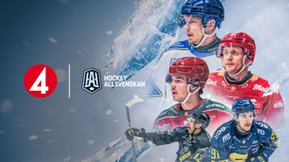 Four hockey players wearing different coloured match jerseys, TV4 logo and Hockeyallsvenskan logo on blue background.