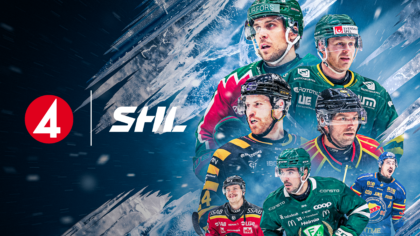 SHL hockey players in action, TV4 logo and SHL text on icy blue background.