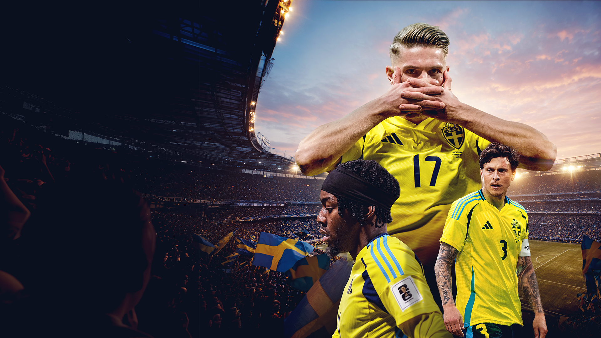 Three Swedish football players in yellow national team jerseys at a stadium, with an audience and blue and yellow flags.