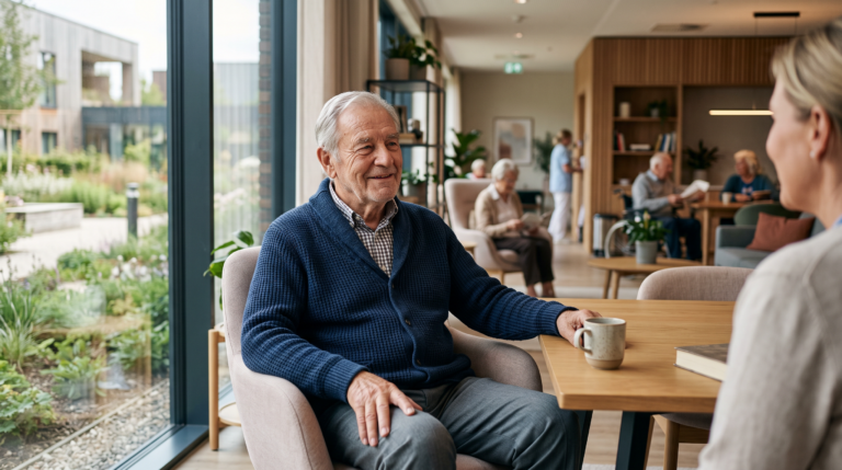 Elderly man smiling and having coffee with a visitor in a bright, modern care home lounge.