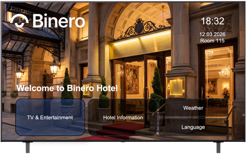 Hotellobby med text: "Welcome to Binero Hotel". Menyalternativ för TV, information, väder och språk. Tid och rum visas.