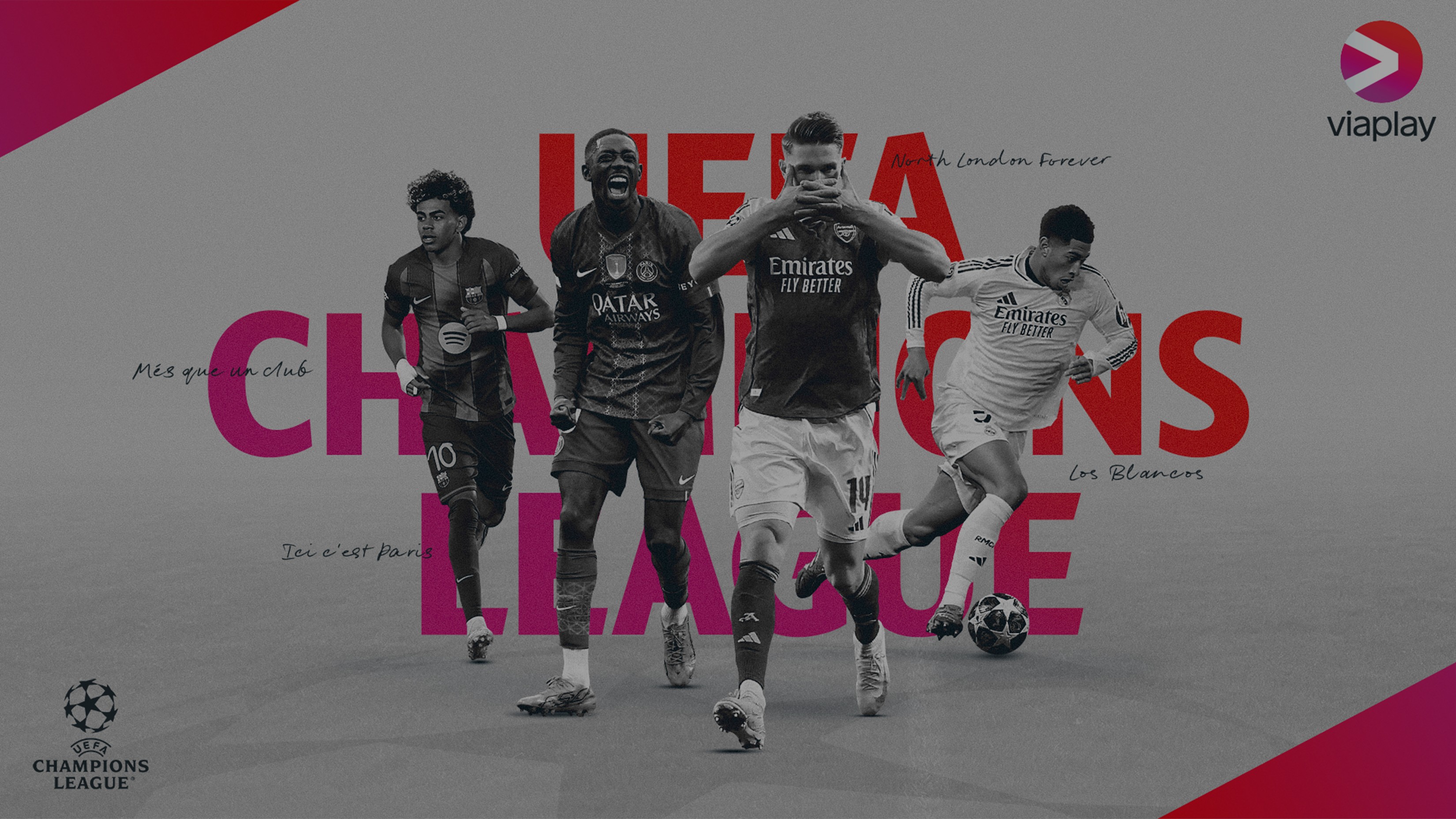 Viaplay-affisch för Champions League med fyra fotbollsspelare från Barcelona, PSG, Arsenal och Real Madrid.