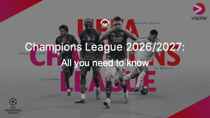 Fyra fotbollsspelare och text om Champions League 2026/2027 på grå bakgrund med Viaplay-logga.