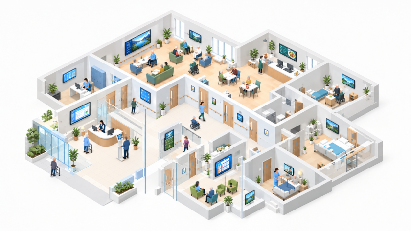 Isometric illustration of a modern healthcare facility with patients, staff, reception, waiting, dining and patient rooms.