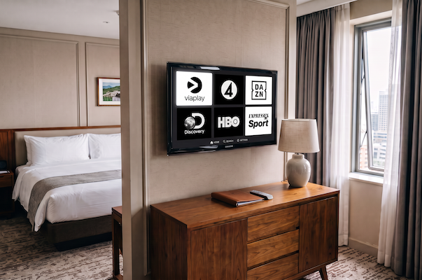Hotellrum med TV på väggen, logotyper för Viaplay, TV4, DAZN, Discovery, HBO och Expressen Sport syns på skärmen.