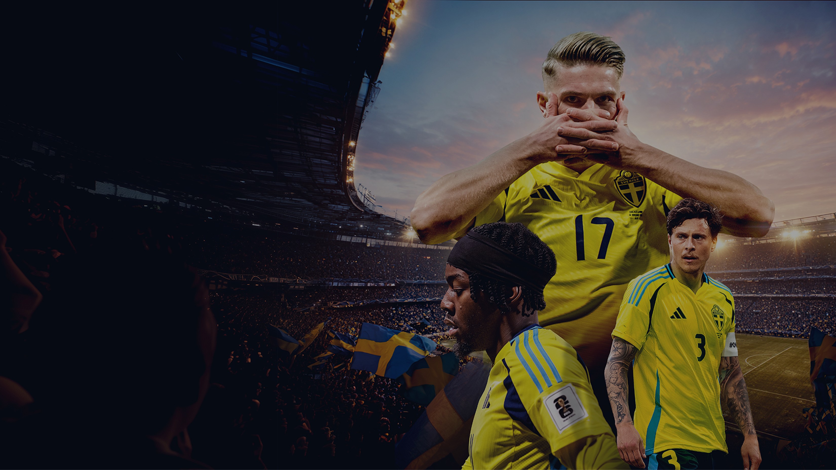 Montage av svenska fotbollsspelare i gula landslagströjor på en fullsatt arena.