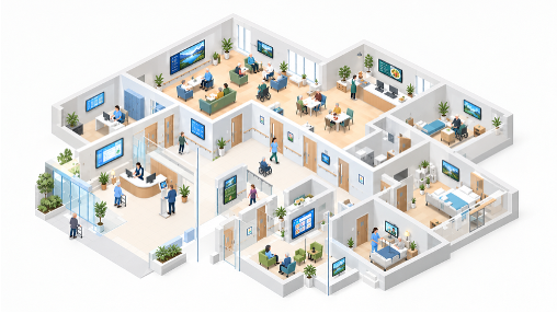 Office layout with multiple rooms, people working, meeting, and walking, plants and digital screens throughout.
