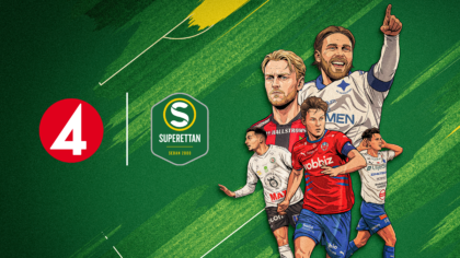 Illustration of five footballers, a Superettan logo, and a red number 4 on a green background.