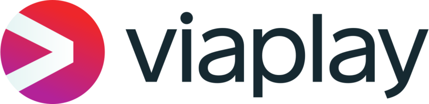 Viaplay's logo with a colourful circle and the text "viaplay" in black text.